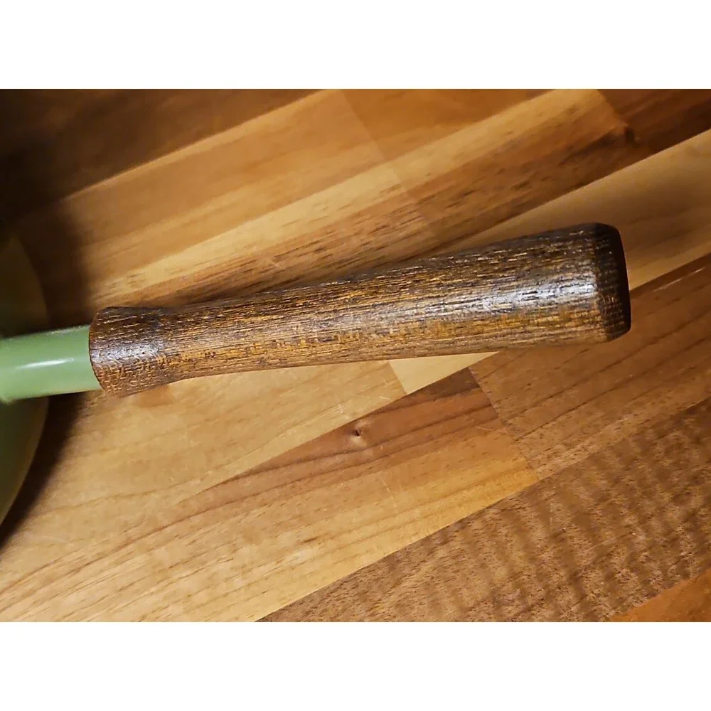 Vintage Green Enamel Fondue Pot Saucepan Floral MCM Boho Wood Handle 1970s